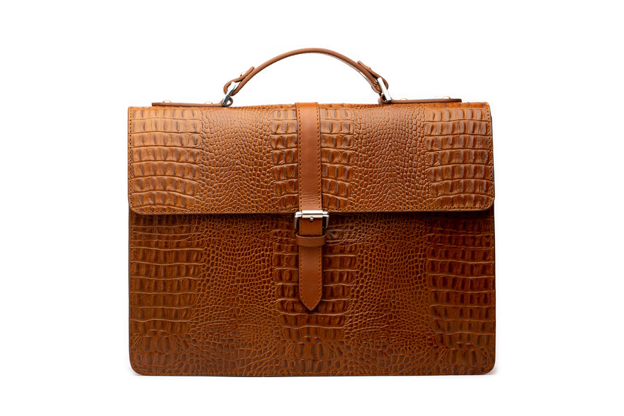 Leather Laptop Briefcase - Crocodile Pattern Brown