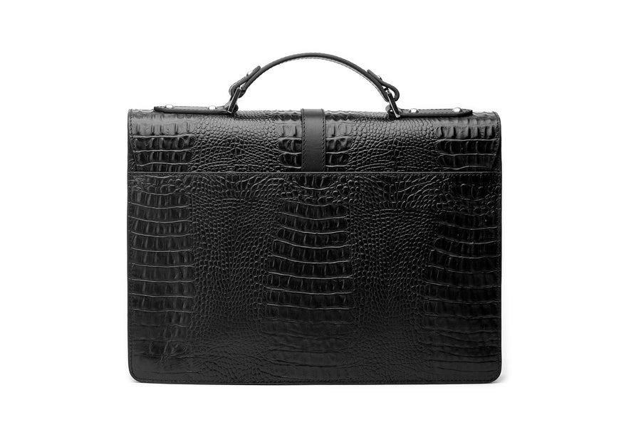 Leather Laptop Briefcase - Crocodile Pattern Black
