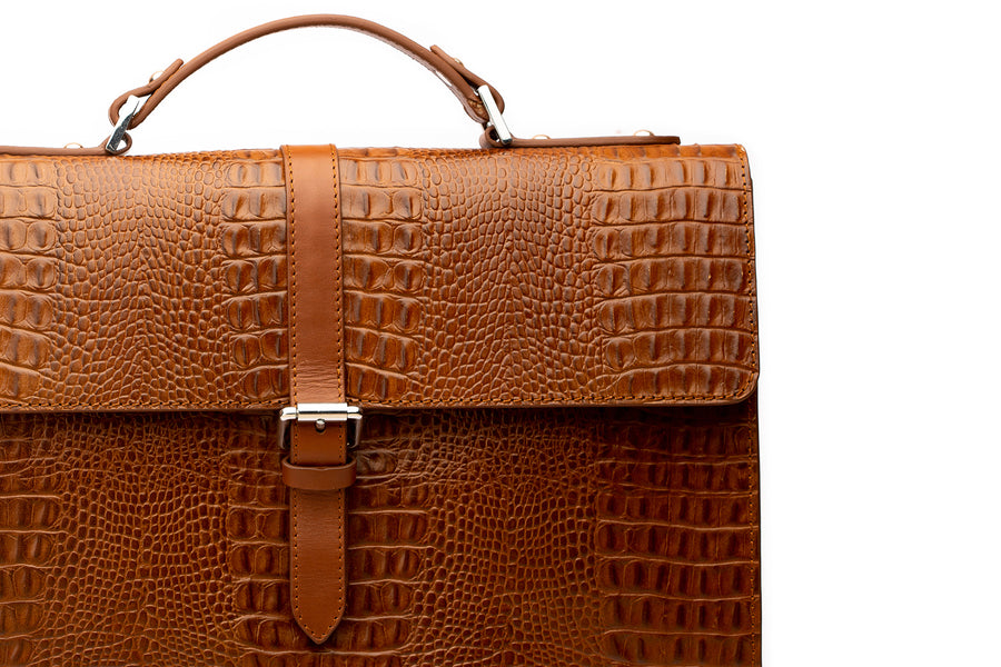 Leather Laptop Briefcase - Crocodile Pattern Brown