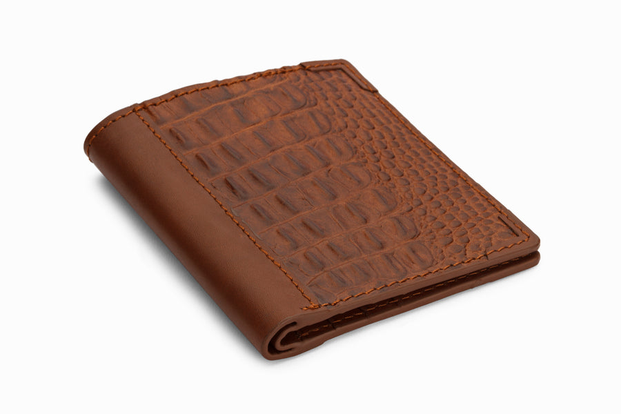 Brucle Men's bifold leather wallet with flap, dark brown print croco