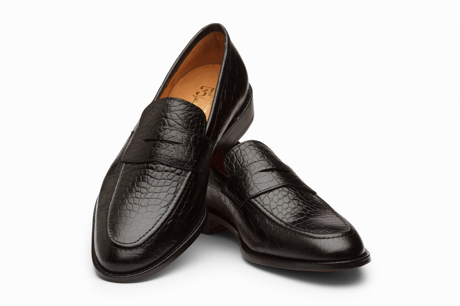 Penny Loafer- Crocodile Black - MTO 5 Weks