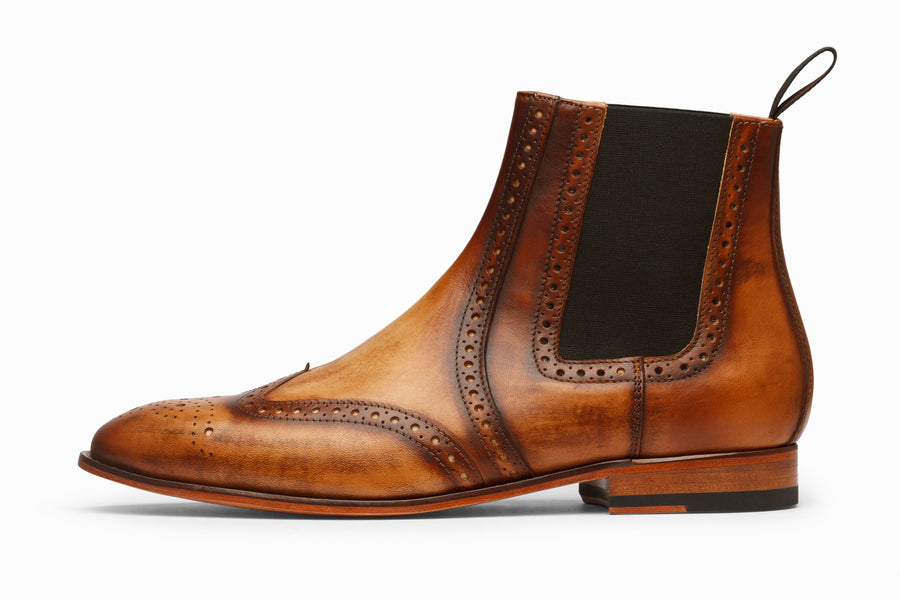 Wingtip Chelsea Brogue Boot - Tan & Brown Patina