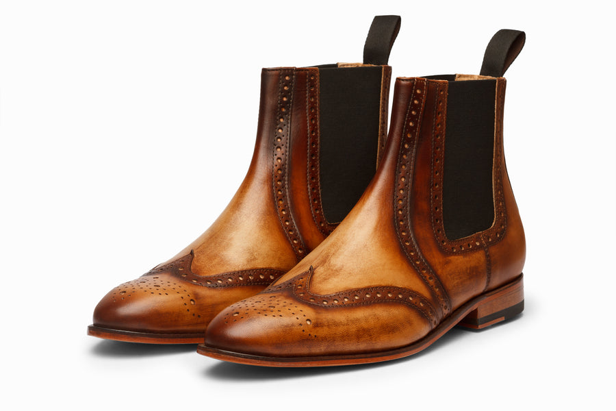 Wingtip Chelsea Brogue Boot - Tan & Brown Patina