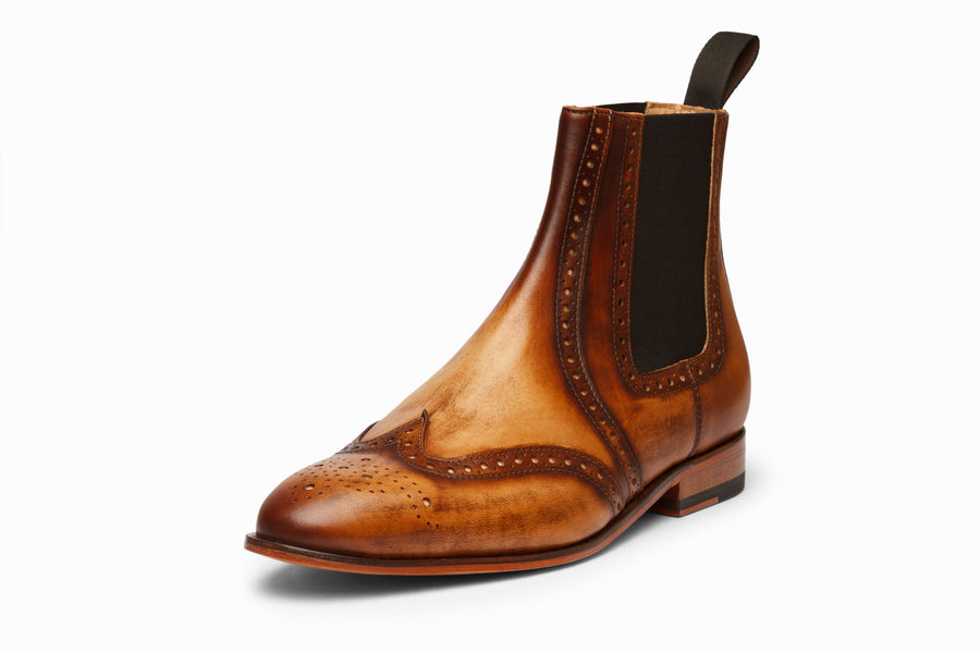 Wingtip Chelsea Brogue Boot - Tan & Brown Patina