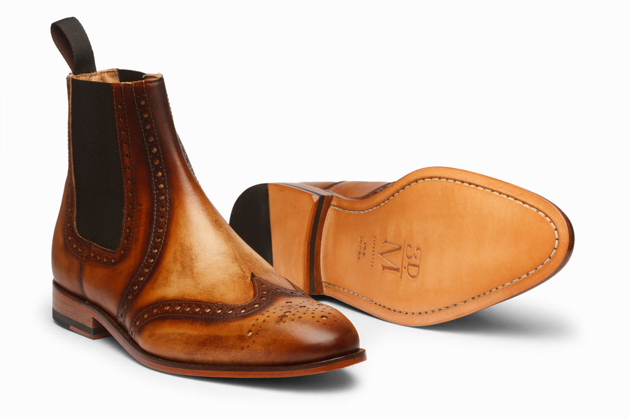 Wingtip Chelsea Brogue Boot - Tan & Brown Patina