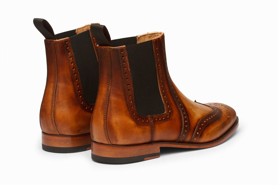 Wingtip Chelsea Brogue Boot - Tan & Brown Patina