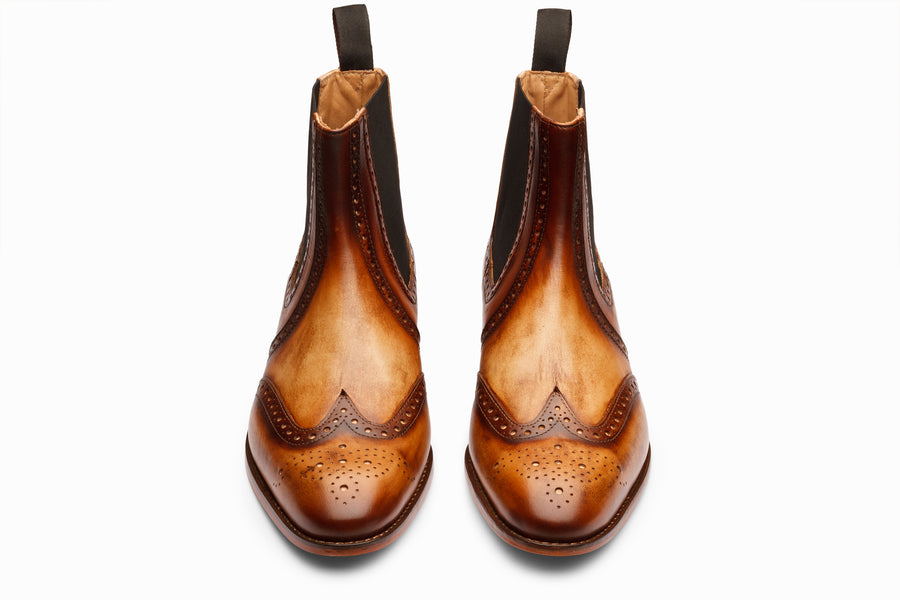 Wingtip Chelsea Brogue Boot - Tan & Brown Patina